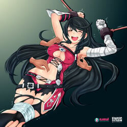 armpits black_hair bondage female klaudsanart midriff navel tales_of_(series) tales_of_berseria tickling tickling_armpits tickling_belly_button underboob velvet_crowe