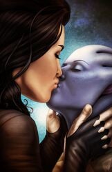 2girls alx_(fuckit) asari blue-skinned_female blue_skin female female_only human human_on_humanoid humanoid interspecies interspecies_yuri kissing liara_t'soni light-skinned_female light_skin mass_effect miranda_lawson yuri