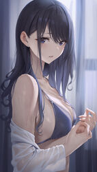 1girls bangs bare_shoulders bikini black_bikini black_hair black_swimsuit blue_eyes blush breasts clavicle cleavage female high_resolution idolmaster kazano_hiori long_hair long_sleeves looking_at_viewer medium_breasts mole mole_under_mouth off_shoulder open_clothes open_shirt parted_lips shirt sola_(solo0730) swimsuit tagme the_idolm@ster:_shiny_colors wet wet_clothes wet_shirt white_shirt