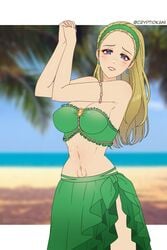 1girls bare_midriff bare_thighs bikini blonde_hair cleavage cryptid_crab dragon_quest dragon_quest_xi earrings green_bikini green_swimsuit grin head_tilt lips long_hair looking_at_viewer medium_breasts pubic_tattoo purple_eyes sarong serena_(dq11) smile solo swimsuit tattoo