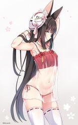 animal_ears anthropomorphization armpit_crease armpits arms_behind_head arms_up artist_name azur_lane bangs black_hair blush breasts camisole female floral_background fox_mask hair hair_lift high_resolution hime_cut jewelry kaetzchen kitsunemimi lingerie long_hair mask midriff nagato_(azur_lane) navel necklace negligee nightgown pantsu pettanko red_panties red_underwear ribbon-trimmed_legwear ribbon_trim see-through side-tie_panties sidelocks signature skindentation small_breasts solo spaghetti_strap stomach straight_hair string_panties tareme thighhighs transparent_clothes underwear very_long_hair yellow_eyes