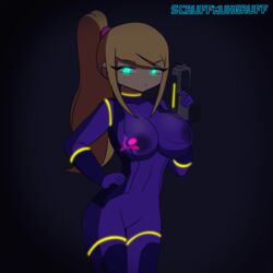 1:1 1girls animated areolae big_breasts bodysuit bouncing_breasts breasts clothed clothed_female clothing dark_background female female_only gif glowing glowing_body glowing_eyes glowing_neck glowing_weapon gun hair hairwear hand_on_hip holding holding_object large_breasts metroid nintendo nipples nipples_visible_through_clothing pistol ponytail ponytail_female samus_aran scruffmuhgruff solo solo_female solo_focus weapon yellow_hair zero_suit zero_suit_samus