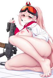 absurdres bangs barefoot blush bottomless breasts closed_mouth commentary drawstring eyebrows_visible_through_hair fang_out feet female fingernails full_body girls'_frontline goggles goggles_on_head green_eyes gun highres holding holding_gun holding_weapon hood hood_down jc_shikikan large_breasts legs long_hair long_sleeves looking_at_viewer mole mole_under_eye multicolored multicolored_eyes nail_polish nipples oerba_yun_fang pink_hair pink_nails ponytail pussy red_eyes sig_mcx_(girls'_frontline) sig_sauer_mcx solo toenail_polish toenails toes uncensored very_long_hair weapon