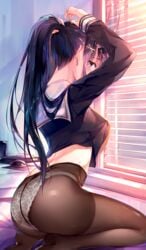 1girls anthropomorphization ass azur_lane bangs bedroom bent_knees black_hair black_legwear black_pantyhose black_serafuku black_shirt blinds blush breasts brown_legwear clothing crop_top crotch_seam day earrings eien_no_juu_nana-sai eyebrows_visible_through_hair fallen_heaven female fixing_hair from_behind from_side hair_ornament hair_tie hairclip high_resolution highres holding holding_hair horns indoors jewelry kneeling lace lace_panties legwear light_rays lingerie long_hair long_sleeves looking_at_viewer looking_back looking_to_the_side medium_breasts nape no_pants no_skirt noshiro_(azur_lane) on_bed oni oni_horns panties panties_under_pantyhose pantsu pantyhose piercing pixiv_id_4365050 ponytail purple_eyes sailor sailor_collar school_uniform seiza serafuku shirt sitting solo sunbeam sunlight thighband_pantyhose thighs tied_hair tying_hair underwear uniform very_long_hair wariza white_panties white_sailor_collar white_underwear window x_hair_ornament