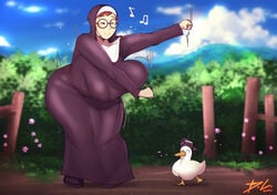 1girls ass_shake big_ass big_breasts bittercream character_request dancing duck glasses huge_breasts jiggle meme milf nun shaking smile thick wholesome