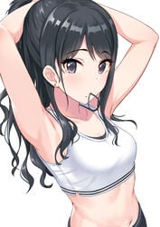 adjusting_hair armpits arms_behind_head arms_up bare_arms bare_shoulders black_hair black_shorts blush bra breasts clavicle crop_top earrings eyebrows female fixing_hair grey_eyes hair_tie hair_tie_in_mouth idolmaster jewelry kazano_hiori light_background long_hair looking_at_viewer midriff mobile_wallpaper mole mole_under_mouth mouth_hold navel piercing pixiv ponytail purple_eyes shirt shorts sidelocks simple_background sleeveless sleeveless_shirt small_breasts solo sports_bra standing stomach tagme tamakaga the_idolm@ster:_shiny_colors tied_hair tying_hair underwear upper_body wavy_hair white_background white_shirt