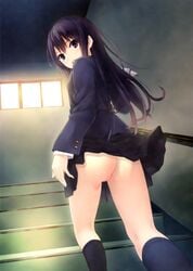 ass bangs cleft_of_venus coffee-kizoku female female footwear gluteal_fold high_resolution indoors innie innie_pussy jacket large_filesize long_hair looking_at_viewer looking_back miniskirt nopan nude_filter original pleated_skirt purple_hair school_uniform shiramine_rika skirt socks solo stairs tagme thighs third-party_edit uncensored uniform upskirt vagina very_high_resolution window