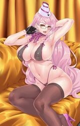 1girls big_breasts bikini breasts busty fate/grand_order fate_(series) female female_only glasses koyanskaya_(fate) koyanskaya_(foreigner) koyanskaya_(foreigner_first_ascension) legwear ogin_bara pink_hair sling_bikini solo stockings thick_thighs thighhighs thighs very_long_hair voluptuous