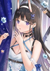 anthropomorphization azur_lane bare_arms bare_shoulders belt black_hair blue_nails blue_skirt blush breasts bxr cleavage earrings female fingernails flower hair_ornament hairclip high_resolution horns jewelry long_hair looking_at_viewer medium_breasts nail_polish noshiro_(azur_lane) oni_horns purple_eyes rero rero_(bigdoorbig2) skirt solo upper_body x_hair_ornament