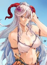 1girls alternate_costume arm_behind_back arm_up armlet bangs bikini blue_hair blue_sky breasts collarbone commentary curled_horns day english_commentary eyebrows_visible_through_hair female fire_emblem fire_emblem_heroes flower freyja_(fire_emblem) freyja_(summer)_(fire_emblem) goat_horns hair_between_eyes hair_flower hair_ornament hand_in_hair hand_on_own_head highres horns large_breasts lips long_hair looking_at_viewer multicolored_hair navel nintendo official_alternate_costume outdoors parted_lips purple_flower red_eyes red_horns sakuremi sidelocks signature sky solo swimsuit teeth thorns two-tone_hair very_long_hair wet white_bikini white_hair white_swimsuit