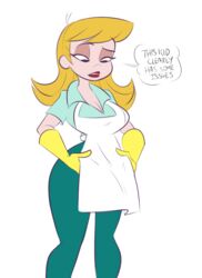 apron artist_request blonde_hair blue_shirt candi_(dexter's_laboratory) cartoon_network cosplay dexter's_laboratory dexter's_mom_(cosplay) gloves green_pants large_breasts pants shirt text white_background wide_hips yellow_gloves