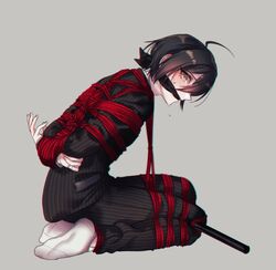 1boy 1n_th3_i2l4nd ahoge black_hair blush bondage bound clothed clothing color danganronpa danganronpa_v3 gag gagged grey_background light_skin looking_at_viewer male male_focus male_only red_rope restrained rope rope_bondage saihara_shuuichi socks solo solo_focus straight_hair yellow_eyes