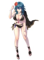 0701mono 1girls alternate_costume bare_legs belt bikini black_belt black_bikini black_cape black_swimsuit blue_eyes blue_hair breasts byleth_(female)_(fire_emblem) byleth_(fire_emblem) byleth_(fire_emblem)_(female) byleth_(summer)_(fire_emblem)_(female) cape commentary_request dagger female female_only fire_emblem fire_emblem:_three_houses fire_emblem_heroes flower full_body hair_between_eyes hair_flower hair_ornament hand_up hibiscus highres knife large_breasts long_hair looking_at_viewer navel nintendo official_alternate_costume red_flower sandals simple_background single_bare_shoulder solo stomach swimsuit teal_hair thighs weapon white_background