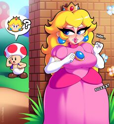 1boy 1girls big_breasts blonde_hair breasts crown curvy dress earrings embarrassed eroticphobia female female_masturbation fully_clothed implied_vibrator large_breasts lips makeup mario_(series) nintendo pink_dress png princess_dress princess_peach signature standing super_mario_bros. sweat text tiara toad_(mario) vibrator vibrator_under_clothes