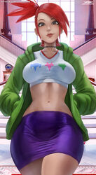 belly_button big_breasts brown_eyes cartoon_network choker cleavage crop_top ear_piercing earrings foster's_home_for_imaginary_friends frankie_foster hairpin hands_in_pockets hoodie hourglass_figure izhardraws jacket mansion microskirt midriff navel open_jacket painted_nails ponytail purple_skirt red_hair seductive skirt smile stairs thick_lips thick_thighs thin_waist tight_clothes tight_clothing tight_skirt tights wide_hips