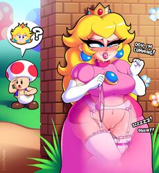 1boy 1girls big_breasts blonde_hair breasts crown cum_announcement curvy dress drooling earrings embarrassed eroticphobia female female_masturbation fully_clothed garter_belt garter_straps inside_view large_breasts lips looking_pleasured makeup mario_(series) masturbation nintendo orgasm orgasm_face panties pink_dress pleasure_face png princess_dress princess_peach pussy pussy_juice signature squirt squirting standing stockings super_mario_bros. text thighhighs toad_(mario) vibrator vibrator_cord vibrator_under_clothes