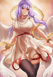 1girls alternate_costume angel angel_wings bangs blush bracelet braid breasts cevio dress feathered_wings female halo highres hikari_(komitiookami) jewelry large_breasts long_hair looking_at_viewer no_panties purple_eyes purple_hair shawl smile solo thighhighs vocaloid voiceroid white_wings wings yuzuki_yukari