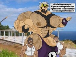 abs arms_up chest_hair chest_tuft cum guzma_(pokemon) hairy_chest hairy_pecs himbo hyper hyper_balls hyper_genitalia hyper_muscles hyper_penis hyper_testicles kindaporn male male_focus male_only muscle muscles muscular muscular_arms muscular_ass muscular_back muscular_legs muscular_male muscular_thighs pokemon pokemon_sm text text_bubble words