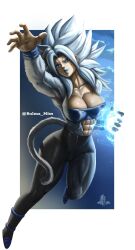 1girls blue_eyes blue_lipstick boots commission dragon_ball dragon_ball_gt dragon_ball_super dragon_ball_xenoverse dragon_ball_z elitenappa energy_ball female_saiyan latex leggings lunna saiyan saiyan_tail solo_female super_saiyan_4 super_saiyan_5 transformation white_skin