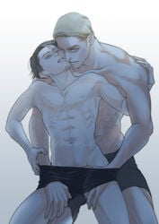 2boys attack_on_titan bare_chest blonde_hair clothed clothing clothing_pull dark_hair erwin_smith gay levi levi_ackerman maino_merry male male/male male_only pulling_clothing shingeki_no_kyojin shirtless shirtless_(male) size_difference standing underwear underwear_only underwear_pull yaoi