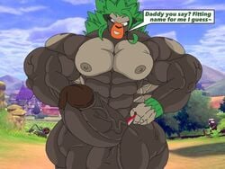 abs black_fur furry furry_only green_hair himbo hyper hyper_balls hyper_genitalia hyper_muscles hyper_penis hyper_testicles kindaporn looking_at_penis male male_focus male_only muscle muscles muscular muscular_anthro muscular_arms muscular_ass muscular_back muscular_legs muscular_male muscular_thighs pokemon rillaboom smile smiling text text_box text_bubble