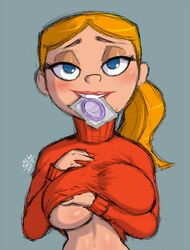 blonde_hair blue_eyes blush breasts cartoon_network claire_(billy_and_mandy) condom condom_in_mouth ponytail randomboobguy solo tagme the_grim_adventures_of_billy_and_mandy turtleneck underboob wrapped_condom