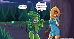 1futa 1girls adventure_time big_breasts black_sclera blonde_hair breasts bronwyn bulge clothed clothing crossover dialogue duo female fink_(ok_k.o.!_let's_be_heroes) flashing forest fully_clothed furry futanari getting_erect green_hair green_skin hair_over_one_eye horn humanoid mostly_nude nervous ok_k.o.!_let's_be_heroes outdoors outside polygonheart precum precum_drip standing text thepolygonheart