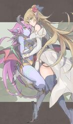 2girls artist_request big_breasts blonde_hair curvy demon demon_girl elf female green_eyes hair_ornament horns long_hair looking_at_viewer pointy_ears purple_hair purple_skin subterror_fiendess subterror_nemesis_archer thick_thighs thighhighs wings yu-gi-oh!