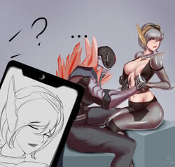 areolae breasts breasts_out cyborg dark-skinned_male dark_skin female interracial irelia_xan league_of_legends nipples prestige_skin project_irelia project_irelia_prestige_edition project_pyke project_series pyke tattoo_artist