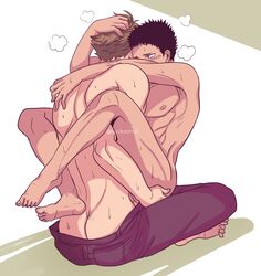 2boys anal anal_sex anal_sex arms_around_neck bare_back bare_shoulders barefoot brown_hair clothing gay haikyuu!! iwaizumi_hajime kuckoonut legs_around_partner male male/male male_only male_penetrated male_penetrating male_penetrating_male nude nude_male oikawa_tooru_(haikyuu!!) on_lap pants pants_only penetration penis penis_in_ass sex shirtless shirtless_(male) sitting_on_lap yaoi