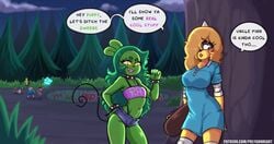 1futa 1girls adventure_time big_breasts black_sclera blonde_hair breasts bronwyn clothed clothing crossover dialogue duo female fink_(ok_k.o.!_let's_be_heroes) forest fully_clothed furry futanari green_hair green_skin hair_over_one_eye horn humanoid nervous ok_k.o.!_let's_be_heroes outdoors outside partially_clothed polygonheart standing text thepolygonheart