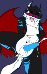 1boy anthro big_ass big_balls big_penis black_fur black_nose blue_background blue_fur blue_pawpads blue_penis blushing claws cum_dripping cumshot cute deadtale demon_wings eye_closed fang_(deadtale) fingering_ass furry furry_only hand_on_belly knot legs_open looking_up open_mouth pink_tongue pleasured red_wings riskaver_(artist) rubbing_belly sweating tongue_out wolf_ears wolf_tail yiff