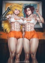 2girls abs big_breasts breasts female female_only hooters hooters_uniform large_breasts muscles muscular muscular_female prinzkuon ruby_rose rwby tagme thick_thighs yang_xiao_long