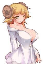 bare_shoulders bedroom_eyes big_breasts blonde_hair blush cleavage collarbone demon_girl goat_horns horns huge_breasts humanoid light-skinned_female medium_hair medium_length_hair mogs1225 nana no_bra orange_eyes seductive seductive_look seductive_smile white_dress white_skirt