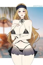 1girls arm_under_breasts atlus bare_legs bare_shoulders bikini bikini_skirt black_bikini black_swimsuit brown_hair chihaya_mifune cleavage collarbone cryptid_crab frilled_bikini frilled_skirt frills hand_on_own_breast headband hourglass_figure huge_breasts looking_at_viewer micro_bikini mifune_chihaya open_mouth persona persona_5 purple_eyes see-through sideboob smile solo swimsuit thick_thighs underboob very_long_hair wide_hips