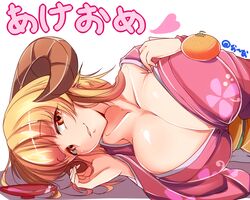 bare_shoulders bedroom_eyes big_breasts blonde_hair blush cleavage collarbone deep_cleavage demon_girl fruit_on_breast goat_horns horns huge_breasts humanoid laying_down laying_on_side light-skinned_female medium_hair medium_length_hair mogs1225 nana_(mogs1225) no_bra orange orange_eyes pink_kimono seductive seductive_look seductive_smile