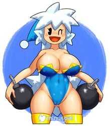 1girls 2021 artist_name ass_visible_through_thighs bare_arms bare_shoulders black_eyes blue_background blue_clothing bomb bombs breasts cameltoe cleavage clothing explosives female female_only hat highleg highleg_leotard highres holding_bomb kirby_(series) kirby_star_allies large_breasts leotard long_hair looking_at_viewer minus8 mob_face nintendo one_eye_closed open_mouth pac-man_eyes poppy_bros._jr. signature smile solo standing star star_print thighhighs thighs tongue twitter_username very_long_hair weapon white_background white_hair wink zettai_ryouiki