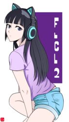 1girls 2020s 2021 animal_ear_headphones arm_between_legs bangs bent_knee black_eyebrows black_hair blue_bottomwear blue_shorts blunt_bangs cat_ear_headphones denim_shorts eyebrows_visible_through_hair fake_animal_ears female flcl flcl_progressive head_turned headphones hidomi_hibajiri high_resolution long_hair looking_at_viewer manga purple_background purple_eyes purple_shirt purple_topwear shiny_hair shirt shorts side_view skirt solo solo_female t-shirt tagme tomboy very_high_resolution watermark white_background