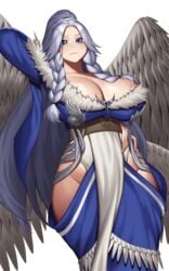 1girls angel angel_wings arm_up bangs blue_eyes braid breasts cinko cleavage curvy dress female highres hip_vent large_breasts long_hair looking_at_viewer original silver_hair solo wings