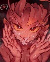 1girls cum cum_on_face dark_willow dota_2 female female_only hi_res humanoid notsorapoi red_eyes red_skin tongue tongue_out