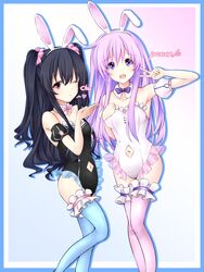 2019 2girls black_hair blowing_kiss breasts bunny_ears bunnysuit chu compile_heart english_text female female_only heart idea_factory jon_sama long_hair looking_at_viewer medium_breasts multiple_girls navel navel_cutout nepgear neptunia_(series) purple_hair twintails uni_(neptunia) v