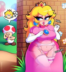 1boy 1girls big_breasts blonde_hair breasts crown curvy dress earrings embarrassed eroticphobia female female_masturbation fully_clothed garter_belt garter_straps inside_view large_breasts lips makeup mario_(series) masturbation nintendo panties pink_dress png princess_dress princess_peach signature standing stockings super_mario_bros. sweat text thighhighs toad_(mario) vibrator vibrator_under_clothes vibrator_under_panties