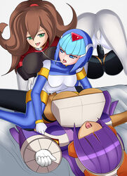 1girls 2futas cum_in_pussy double_penetration fairy_leviathan futa_on_female futanari iris_(mega_man) layer lluanhyperzero mega_man mega_man_x mega_man_zero saliva saliva_trail