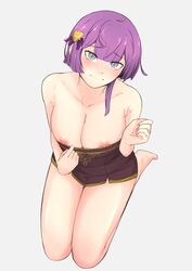 1girls bare_legs bare_shoulders bernadetta_von_varley blush cleavage collarbone fire_emblem fire_emblem:_three_houses grey_eyes grimkopi18 grimteacups kneeling large_breasts looking_at_viewer nintendo nipples post-timeskip purple_hair short_hair smile solo teasing white_background