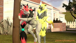 16:9 3d_(artwork) 3d_background anal anal_sex anthro black_body black_fur claws digital_media_(artwork) duo erection fur genitals grey_body grey_fur hair hi_res humanoid_genitalia legendary_pokemon male male/male male_penetrated male_penetrating male_penetrating_male nintendo nipples nude open_mouth orangeflyingfox penetration penis pink_nose pokémon_(species) pokemon pokemon_(species) sex stomach_bulge video_games widescreen yellow_body yellow_fur zeraora zoroark