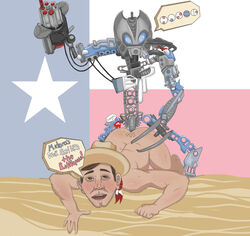 1other 2boys among_us anal anal_penetration anal_sex ass big_tex bionic_arm bionicle brown_eyes brown_hair consensual cowboy_hat desert doggy_style english_text facing_viewer fictional_language gay gay_sex hat_only headwear_only human lego love machine male/male matoran matoran_text_(bionicle) naked neckerchief outdoor_sex outdoors robophilia robot robot_humanoid robot_on_human robot_penis speech_bubble technophilia texas texas_flag top-down_bottom-up tramp_stamp yaoi