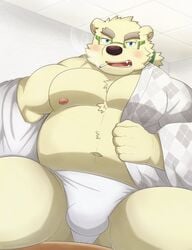 1boy 2021 absurd_res anthro belly blush clothing eyewear glasses hi_res kemono leib_(tokyo_afterschool_summoners) male male_only mammal moobs navel nipples nisikemo overweight overweight_male polar_bear robe sitting smoking solo tokyo_afterschool_summoners underwear undressing ursid ursine video_games white_underwear