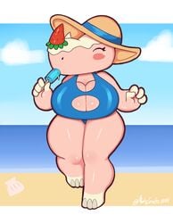 animal_crossing big_breasts breasts female fur furry mehdrawings merengue_(animal_crossing) nintendo popsicle rhinoceros swimsuit thick_thighs video_games wide_hips