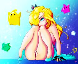 1girls ass blonde_hair blue_background blue_dress blue_eyes breasts crown dress eyelashes female female_focus frown full_body hair_over_one_eye heels high_heels hotpinkevilbunny large_breasts long_hair luma mario_(series) no_panties partially_undressed princess_rosalina pussy sitting super_mario_galaxy wand