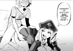 1boy 1girls age_difference anal anal_sex ass black_and_white blush blushing blushing_profusely breasts camie_utsushimi clothed clothed_female clothed_male clothed_sex denki_kaminari drool drooling eduardo_squidwardo english_text female hands_on_ass hands_on_hips licking_lips looking_back looking_pleasured my_hero_academia on_bed phone phone_call pussy school_uniform schoolgirl sexual_innuendo shiketsu_high_school_cap shiketsu_high_school_uniform skimpy skimpy_clothes smile smiling speech_bubble vaginal_penetration vaginal_sex whey_face